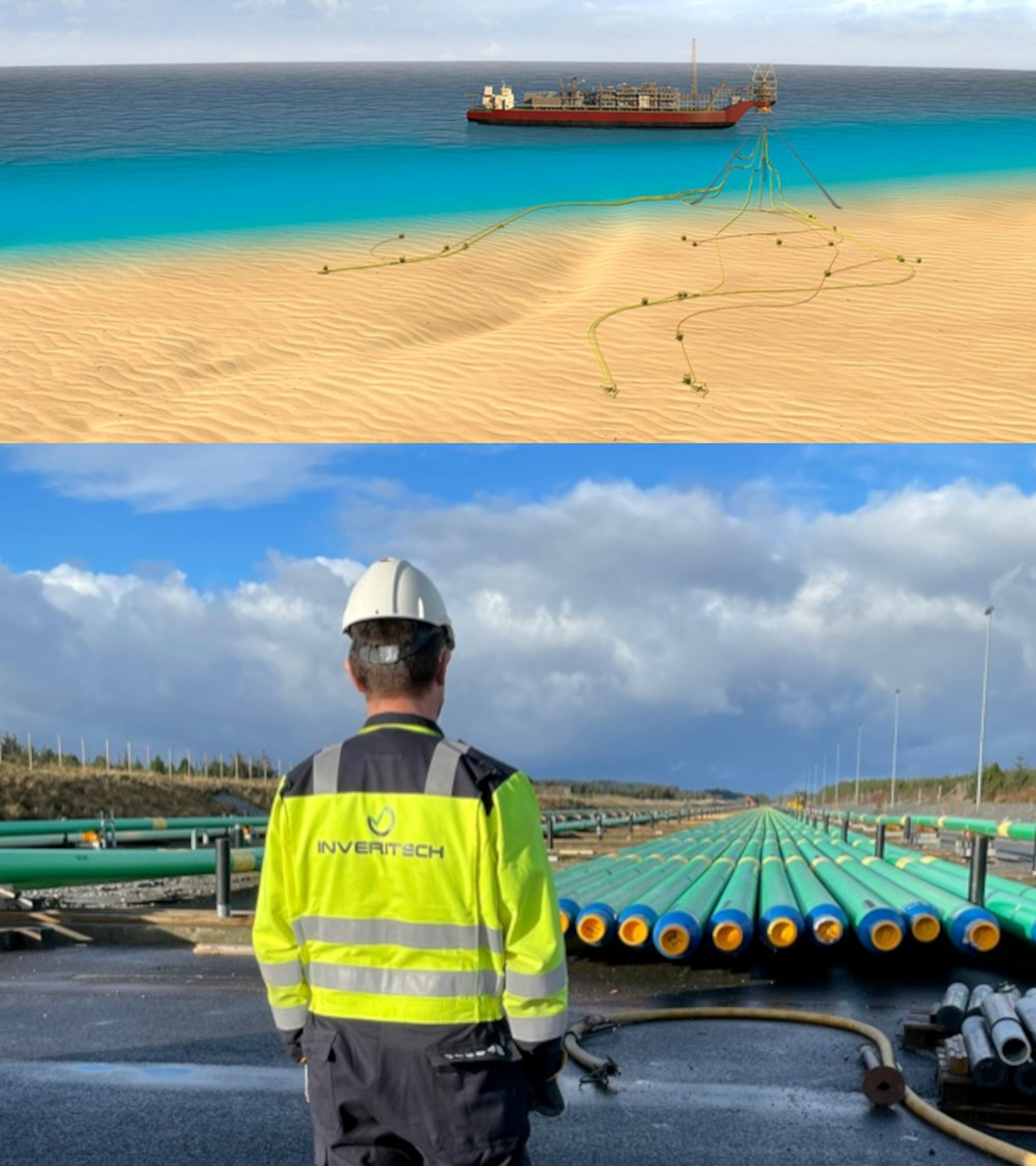 Containerskip til havs og ansatt i Inveritech som inspiserer rørledninger på land i forbindelse med offshoreprosjekter.