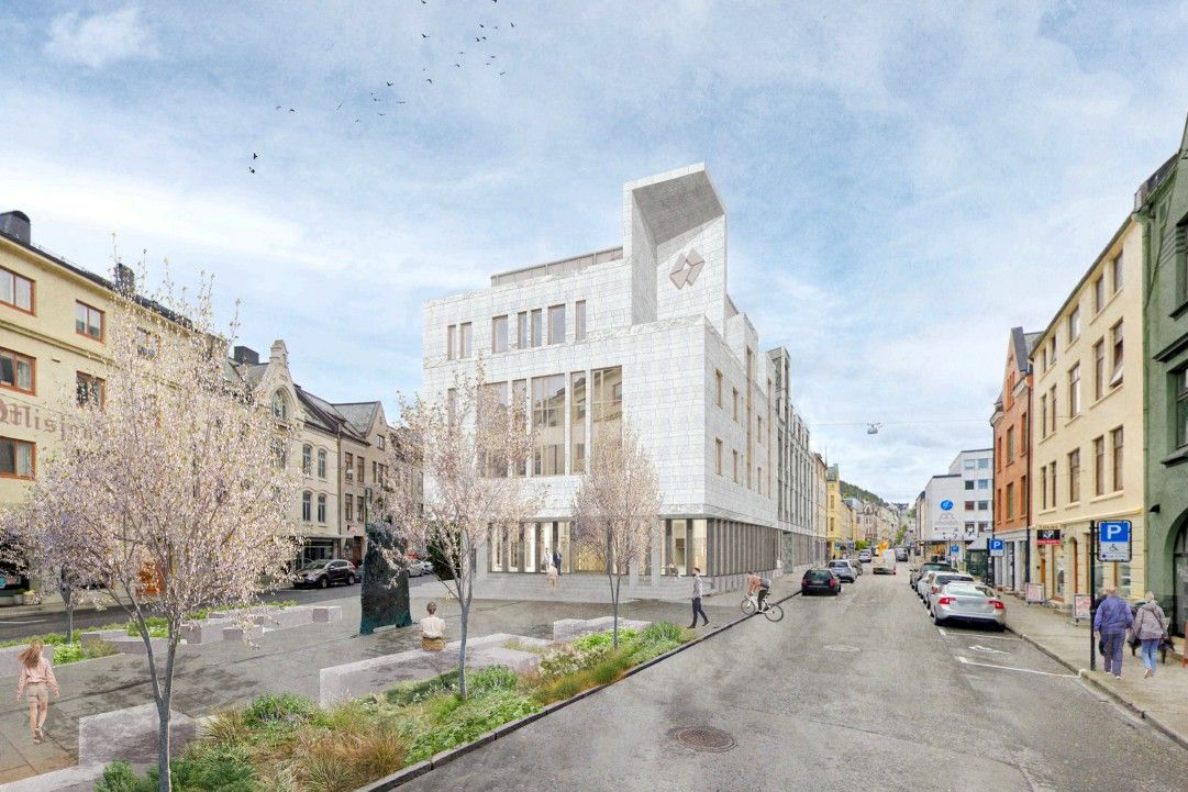 Skisse som viser hvordan Sparebanken Møres fasade mot Harald Torsviksplass blir med ny steinfasade. 